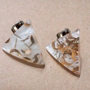 VTG Triangle Clear Gold Moon Shape Artsy Earrings Clip On 80s Glam Retro Jewelry